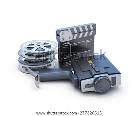 Filming. Retro movie camera and clapper board and reel film isolated on white background. 3d illustration.