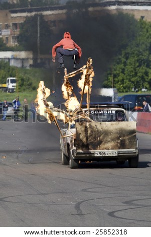 MOSCOW - JUNE 6 : Stuntman Vasiliy Sparov, does stunt trick in Moscow, Russia on 6 June 2008.