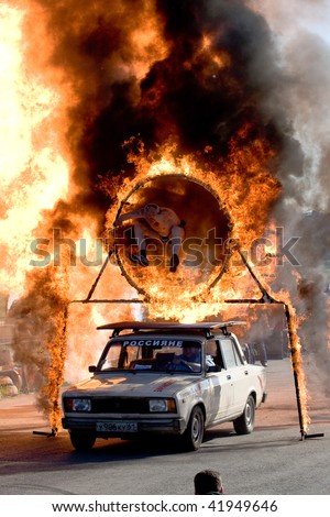 MOSCOW  - JUNE 6 : Stunt man Igor Zverev jumps through a tube of fire during a stunt man show June 6, 2008 in Moscow.
