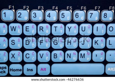 Plastic blue touch keyboard with english and russian letters