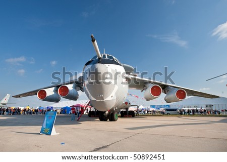 MOSCOW, RUSSIA - AUGUST 22:  White civil cargo airplane at Moscow International airshow MAX 2009 on August 22, 2009 in Moscow, Russia.