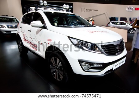  on Moscow  Russia   August 25  White Jeep Car Kia Sportage On Display At