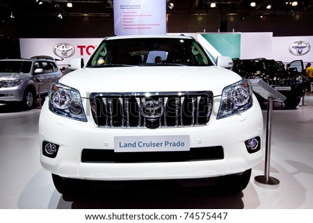 MOSCOW, RUSSIA - AUGUST 25:  White jeep car Tayota Land Cruise Prado on display at the Moscow International exhibition InterAuto on August 25, 2010 in Moscow, Russia.