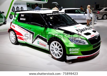MOSCOW, RUSSIA - AUGUST 25:  Green sport car Skoda Fabia  on display at Moscow International exhibition InterAuto on August 25, 2010 in Moscow, Russia.