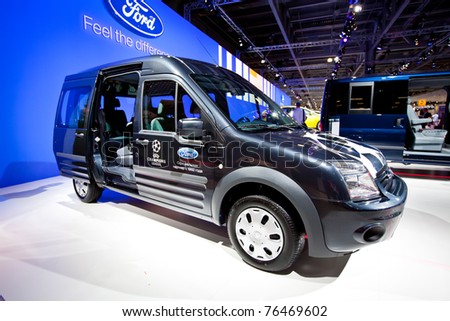 MOSCOW, RUSSIA - AUGUST 25: Blue lorry car Ford Transit Connect on display at Moscow International exhibition InterAuto on August 25, 2010 in Moscow, Russia.