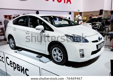 MOSCOW, RUSSIA - AUGUST 25:  White car Toyota Prius on display at Moscow International exhibition InterAuto on August 25, 2010 in Moscow, Russia.