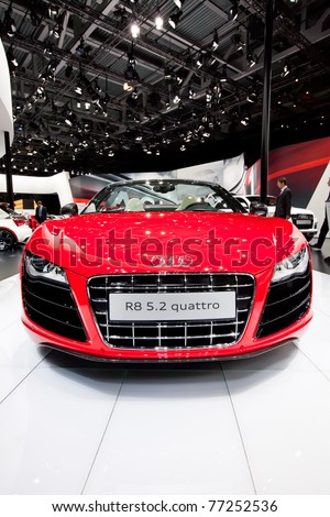 MOSCOW, RUSSIA - AUGUST 25: Red sport car Audi R8 on display at Moscow International exhibition InterAuto on August 25, 2010 in Moscow, Russia.