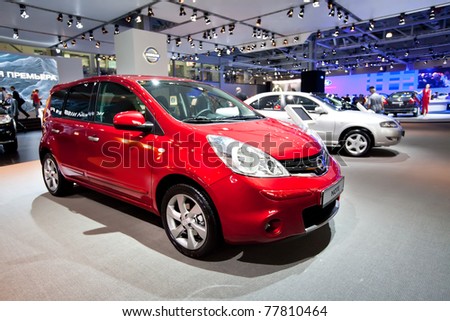 MOSCOW, RUSSIA - AUGUST 25:  Red car Nissan Note on display at Moscow International exhibition InterAuto on August 25, 2010 in Moscow, Russia.