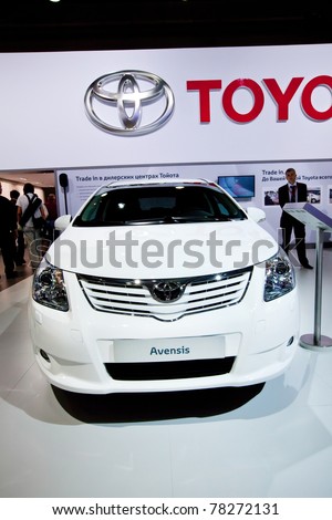 MOSCOW, RUSSIA - AUGUST 25:  White car Tayota Avensis on display at Moscow International exhibition InterAuto on August 25, 2010 in Moscow, Russia.