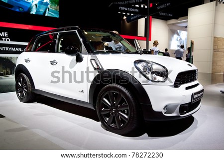 MOSCOW, RUSSIA - AUGUST 25: White  car Mini Cooper on display at Moscow International exhibition InterAuto on August 25, 2010 in Moscow, Russia.