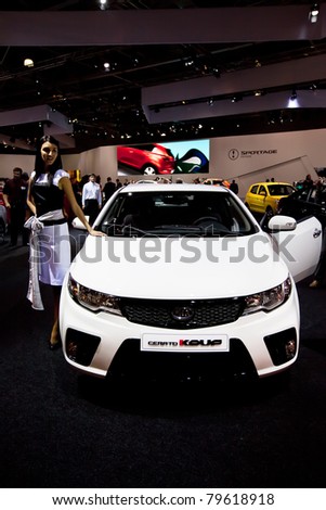 MOSCOW, RUSSIA - AUGUST 25:  White car Kia Cerato on display at Moscow International exhibition InterAuto on August 25, 2010 in Moscow, Russia.