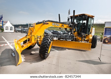MOSCOW, RUSSIA - JUNE 02:  Yellow diesel land grader on display at Moscow International exhibition Construction equipment and technologies on JUNE 02, 2010 in Moscow, Russia.