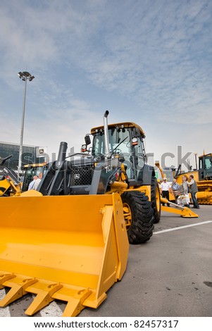 MOSCOW, RUSSIA - JUNE 02:  Yellow diesel front end loader on display at Moscow International exhibition Construction equipment and technologies on JUNE 02, 2010 in Moscow, Russia.