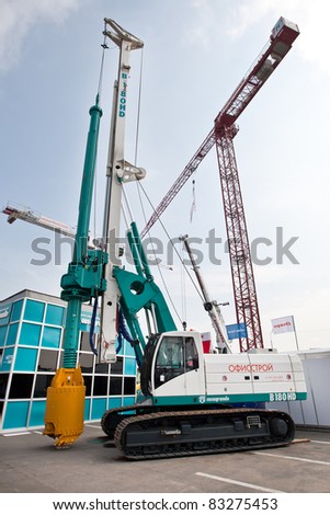 MOSCOW, RUSSIA - JUNE 02:  Yellow auto crane on display at Moscow International exhibition Construction equipment and technologies on JUNE 02, 2010 in Moscow, Russia.