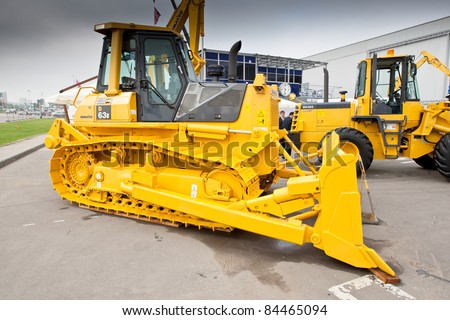 MOSCOW, RUSSIA - JUNE 02:  Yellow diesel bulldozer on display at Moscow International exhibition Construction equipment and technologies on June 02, 2010 in Moscow, Russia.