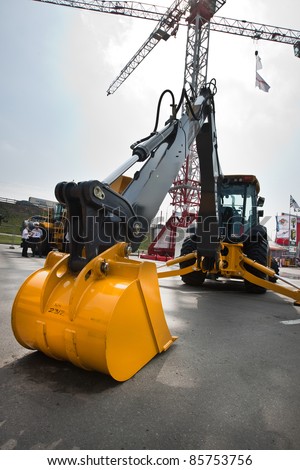 MOSCOW, RUSSIA - JUNE 02:  Yellow diesel excavator on display at Moscow International exhibition Construction equipment and technologies on June 02, 2010 in Moscow, Russia.