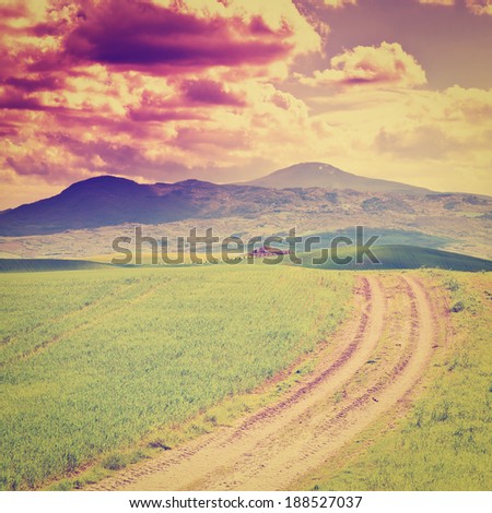  and Green Sloping Meadows of Tuscany, Instagram Effect - stock photo