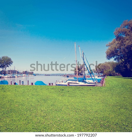 Tarpaulin Covers for Boats, the Lake Chiemsee in Bavaria, Retro Effect