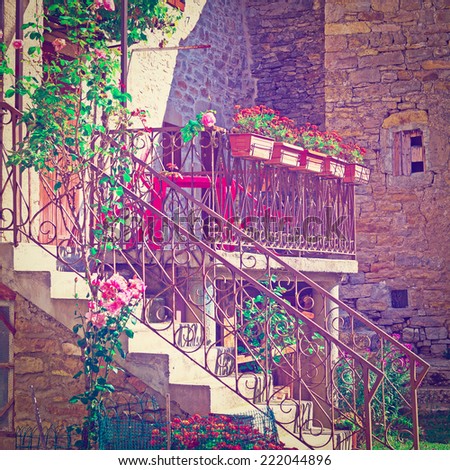 Patio of French House with Porch Decorated with Fresh Flowers, Instagram Effect