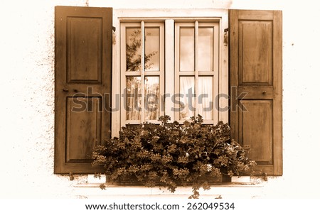 Bavarian Window with Open Wooden Shutters, Decorated with Fresh Flowers, Retro Image Filtered Style