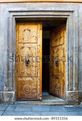 Wooden Open Door with Knockers In The Form Of a Lion\'s Head