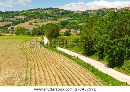 The Medieval Italian Town Surrounded by Forests and Fields Planted with Corn