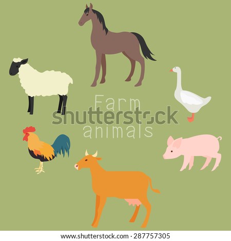 Set of flat farm animals - horse, goose, pig, cow, rooster, sheep