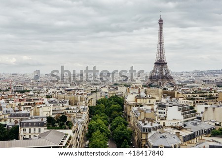 Aerial panoramic view on Eiffel Tower and historical part of Paris, France. Famous panoramic view of Paris from Triumphal arch. Paris scene. Paris. Eiffel tower view in Paris, France. Walking in Paris