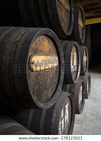 SANLUCAR DE BARRAMEDA, SPAIN - APRIL 12, 2015 - Cigarrera Wine cellar.  The traditional rules employed during the process of making and aging of its wines are applied rigorously
