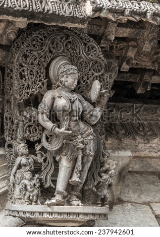 BELUR, INDIA - 07 DECEMBER 2014. Beautiful sculpture in Chennakeshava Temple in Belur, Karnataka, India