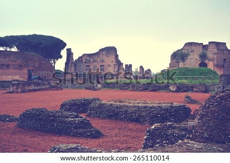 Vintage italy background. Rome vintage landscape with trees. Ancient rome buildings and constructions. Ancient ruins. Beautiful view with trees and ruins. Parks and recreation.