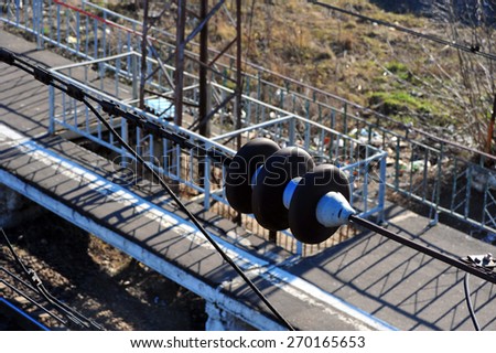 Technology wires. Railway station top view with wire transfer. Station platform with construction equipment.