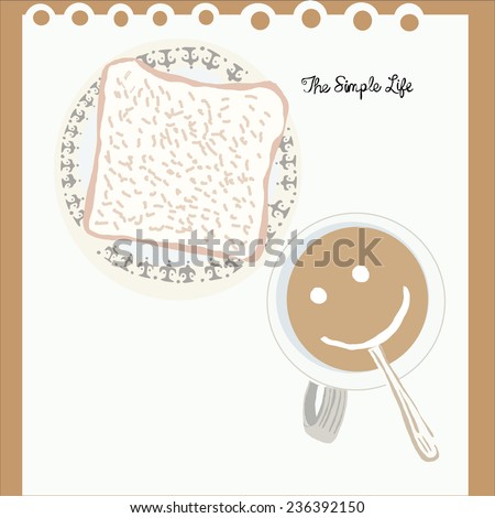 A artistic drawing . A cup of coffee and a bread.