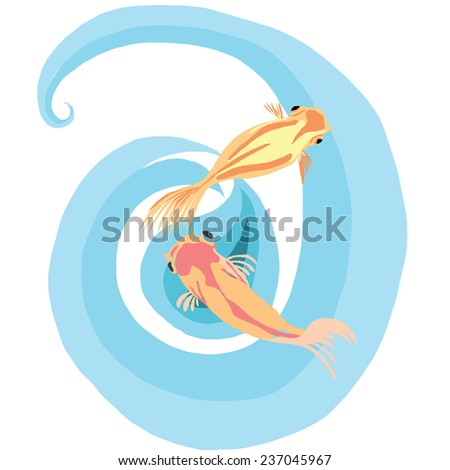 A artistic hand drawing art. Two gold fish swimming in water