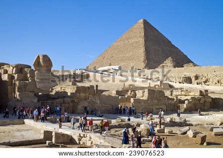 Giza, Egypt - January 2008: Tourists in the archaeological site in the Sphinx area