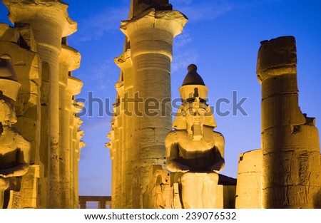 Egypt, Luxor, night view of columns and Ramses statue in the temple dedicated to god Amon-Ra