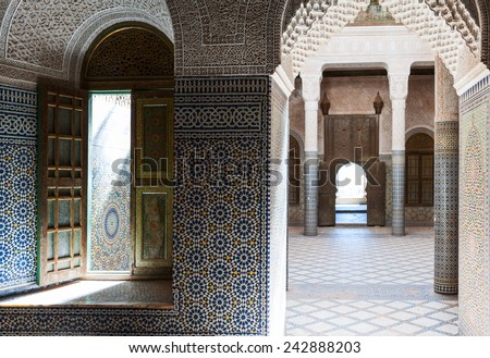 Telouet, Morocco - March 2006: Architectural detail of the Kasbah palace inside