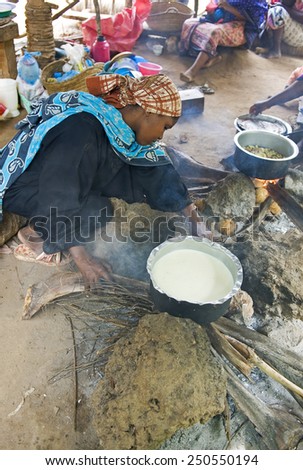 Stone Town, Zanzibar - February 28 2008: A native woman cook the food in a village of the hinterland