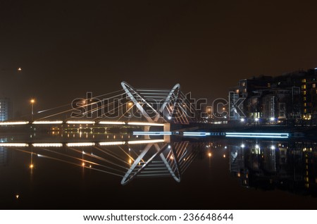 Lazarev bridge night view from the embankment Admiral Lazarev, landmark of St. Petersburg located on the Petrograd side, the bridge across Malaya Nevka