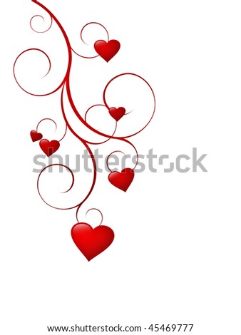 red love heart background. stock photo : Illustration of red love hearts on curling stem, isolated on white ackground