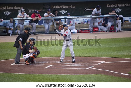 BALTIMORE - MAY 1: Dustin Pedroia of the Boston Red Sox waits for a pitch during a game at Camden Yards on May 1, 2010 in Baltimore, Maryland