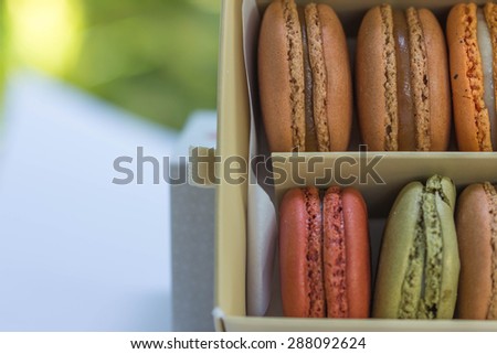 traditional french sweet dessert colorful delicious macarons in a rows in a box on wood background focus on top roll of macarons and blurred background