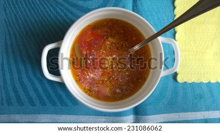 Mum\'s soup in a bowl - Blue napkin and old silver spoon - Borsch - Grandma\'s soup