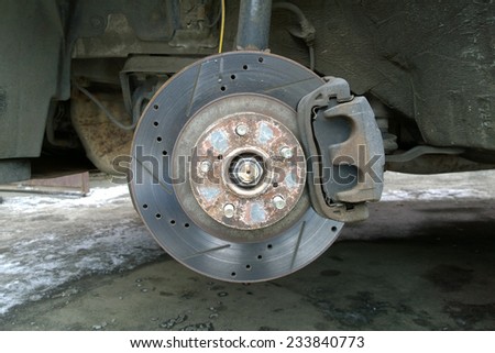 Brake disc of car - Replacement of brake pads - Tire service