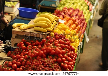 Various multicolored fruits and vegetables on the farmers market