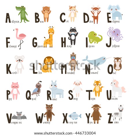 alphabet set with cute cartoon animals. letters form a to z. cute animals alphabet on white background. can be used like poster or for greeting cards