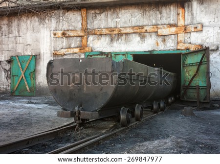 Empty trolley on mine yard. Ukraine, Uglegorsk