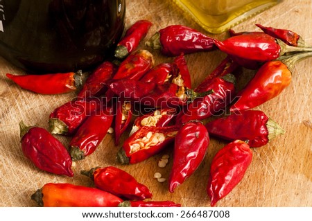 red hot chili peppers on a cutting board with olive oil