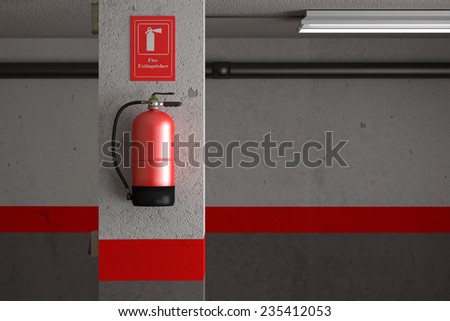 3d rendering of a fire extinguisher on a dirty wall