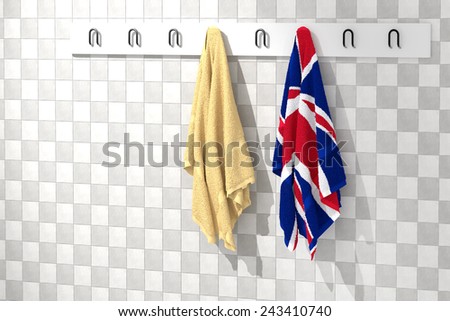 3d rendering of two towels, one with an uk flag